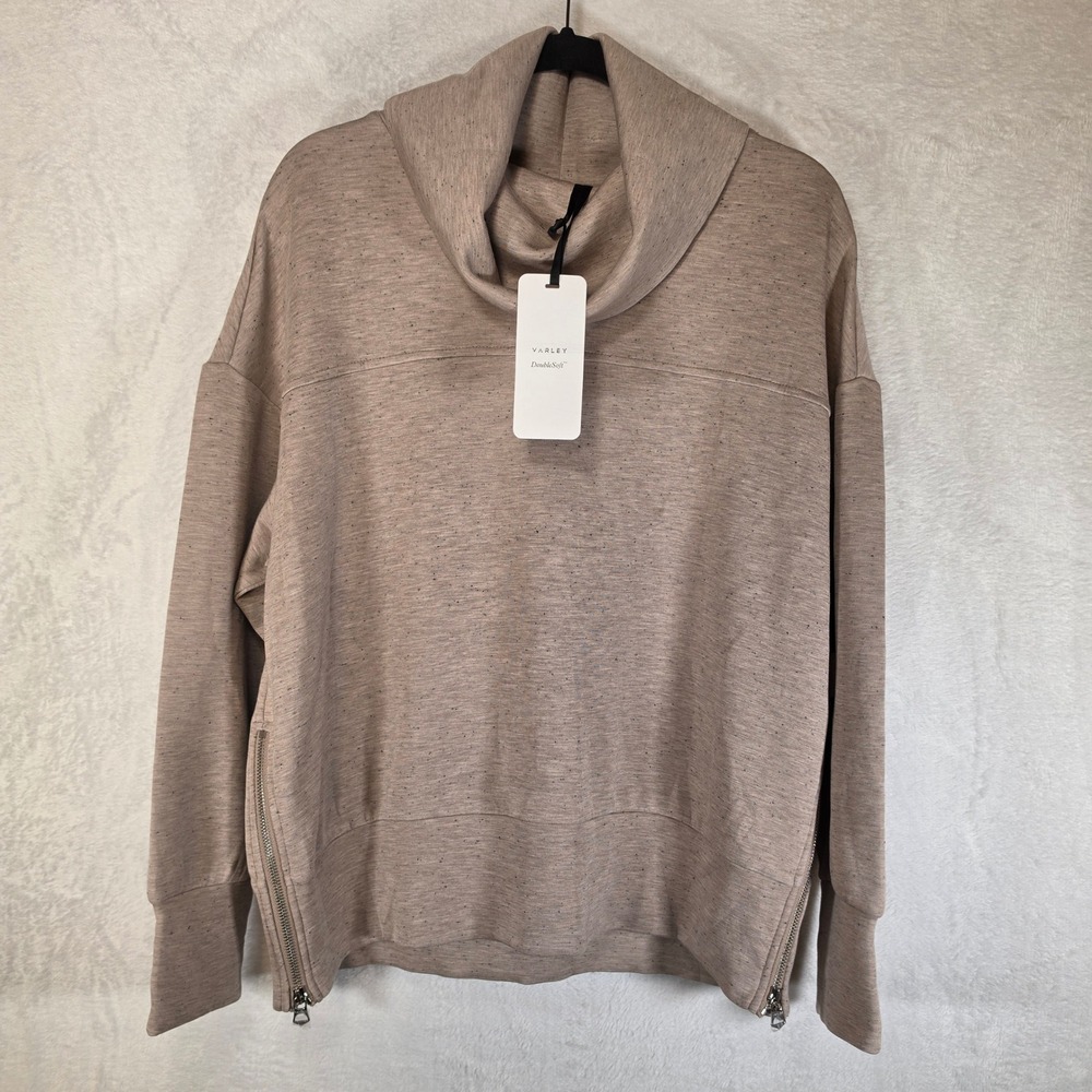 Varley Priya Longline Sweat DoubleSoft Cowl Neck Pullover Taupe Marl Fleck S NEW